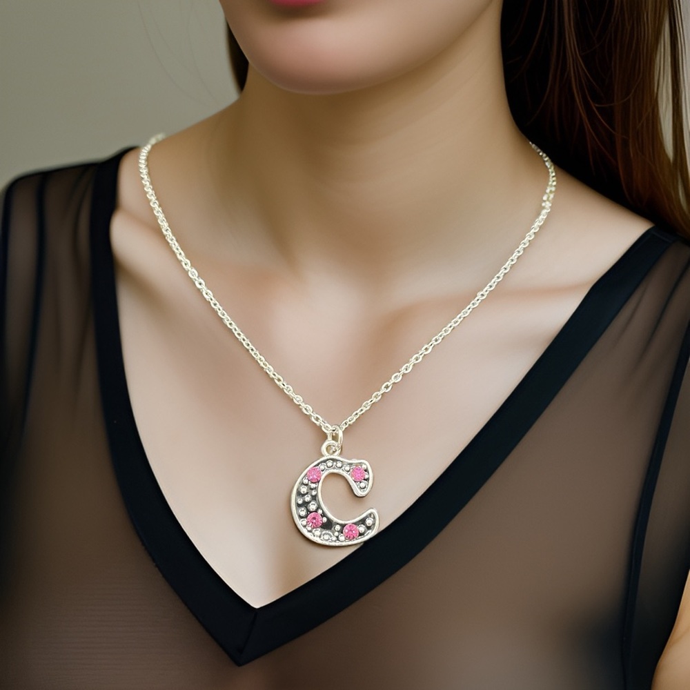Monogram Fashion Color Stones Letter “C” Pendant Chain Necklace